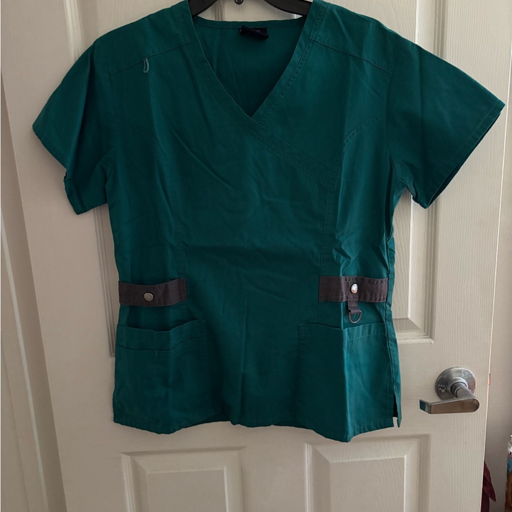 Teal V-Neck Scrub Top with Gray Accents